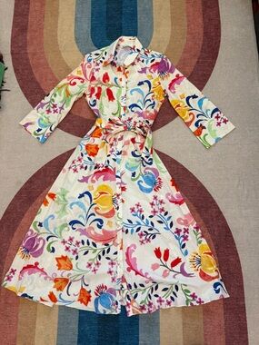 Zara White Floral Multicolor Long Sleeve Shirt Dress